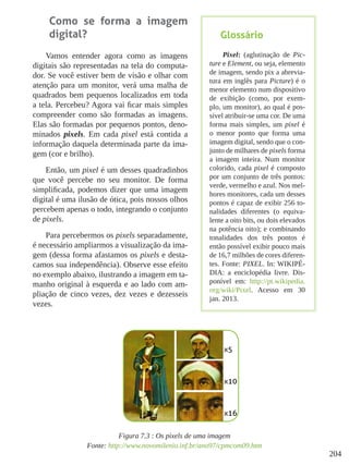 204
Como se forma a imagem
digital?
Vamos entender agora como as imagens
digitais são representadas na tela do computa-
dor. Se você estiver bem de visão e olhar com
atenção para um monitor, verá uma malha de
quadrados bem pequenos localizados em toda
a tela. Percebeu? Agora vai ficar mais simples
compreender como são formadas as imagens.
Elas são formadas por pequenos pontos, deno-
minados pixels. Em cada pixel está contida a
informação daquela determinada parte da ima-
gem (cor e brilho).
Então, um pixel é um desses quadradinhos
que você percebe no seu monitor. De forma
simplificada, podemos dizer que uma imagem
digital é uma ilusão de ótica, pois nossos olhos
percebem apenas o todo, integrando o conjunto
de pixels.
Para percebermos os pixels separadamente,
é necessário ampliarmos a visualização da ima-
gem (dessa forma afastamos os pixels e desta-
camos sua independência). Observe esse efeito
no exemplo abaixo, ilustrando a imagem em ta-
manho original à esquerda e ao lado com am-
pliação de cinco vezes, dez vezes e dezesseis
vezes.
Figura 7.3 : Os pixels de uma imagem
Fonte: http://www.novomilenio.inf.br/ano97/cpmcom09.htm
Glossário
Pixel: (aglutinação de Pic-
ture e Element, ou seja, elemento
de imagem, sendo pix a abrevia-
tura em inglês para Picture) é o
menor elemento num dispositivo
de exibição (como, por exem-
plo, um monitor), ao qual é pos-
sível atribuir-se uma cor. De uma
forma mais simples, um pixel é
o menor ponto que forma uma
imagem digital, sendo que o con-
junto de milhares de pixels forma
a imagem inteira. Num monitor
colorido, cada pixel é composto
por um conjunto de três pontos:
verde, vermelho e azul. Nos mel-
hores monitores, cada um desses
pontos é capaz de exibir 256 to-
nalidades diferentes (o equiva-
lente a oito bits, ou dois elevados
na potência oito); e combinando
tonalidades dos três pontos é
então possível exibir pouco mais
de 16,7 milhões de cores diferen-
tes. Fonte: PIXEL. In: WIKIPÉ-
DIA: a enciclopédia livre. Dis-
ponível em: http://pt.wikipedia.
org/wiki/Pixel. Acesso em 30
jan. 2013.
 