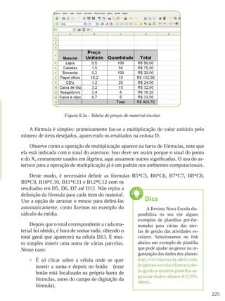 225
Figura 8.3a - Tabela de preços de material escolar
A fórmula é simples: primeiramente faz-se a multiplicação do valor unitário pelo
número de itens desejados, aparecendo os resultados na coluna D.
Observe como a operação de multiplicação aparece na barra de Fórmulas, note que
ela está indicada com o sinal do asterisco. Isso deve ser assim porque o sinal do ponto
e do X, comumente usados em álgebra, aqui assumem outros significados. O uso do as-
terisco para a operação de multiplicação já é um padrão nos ambientes computacionais.
Deste modo, é necessário definir as fórmulas B5*C5, B6*C6, B7*C7, B8*C8,
B9*C9, B10*C10, B11*C11 e B12*C12 com os
resultados em D5, D6, D7 até D12. Não repita a
definição da fórmula para cada item do material.
Use a opção de arrastar o mouse para defini-las
automaticamente, como fizemos no exemplo do
cálculo da média.
Depois que o total correspondente a cada ma-
terial foi obtido, é hora de somar tudo, obtendo o
total geral que aparecerá na célula D13. É mui-
to simples inserir uma soma de várias parcelas.
Nesse caso:
•	 É só clicar sobre a célula onde se quer
inserir a soma e depois no botão (esse
botão está localizado na própria barra de
fórmulas, antes do campo de digitação da
fórmula).
Dica
A Revista Nova Escola dis-
ponibiliza no seu site alguns
exemplos de planilhas pré-for-
matadas para várias das tare-
fas de gestão das atividades es-
colares. Selecionamos no link
abaixo um exemplo de planilha
que pode ajudar ao gestor na or-
ganização dos dados dos alunos:
http://revistaescola.abril.com.
br/gestao-escolar/diretor/tabe-
la-grafico-modelo-planilha-or-
ganizar-dados-alunos-612395.
shtml..
 