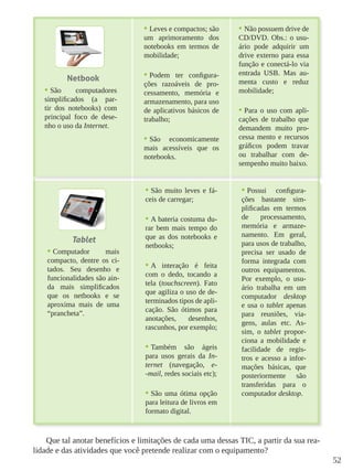 52
Que tal anotar benefícios e limitações de cada uma dessas TIC, a partir da sua rea-
lidade e das atividades que você pretende realizar com o equipamento?
•	Não possuem drive de
CD/DVD. Obs.: o usu-
ário pode adquirir um
drive externo para essa
função e conectá-lo via
entrada USB. Mas au-
menta custo e reduz
mobilidade;
•	Para o uso com apli-
cações de trabalho que
demandem muito pro-
cessa mento e recursos
gráficos podem travar
ou trabalhar com de-
sempenho muito baixo.
Netbook
•	Leves e compactos; são
um aprimoramento dos
notebooks em termos de
mobilidade;
•	Podem ter configura-
ções razoáveis de pro-
cessamento, memória e
armazenamento, para uso
de aplicativos básicos de
trabalho;
•	São economicamente
mais acessíveis que os
notebooks.	
•	São computadores
simplificados (a par-
tir dos notebooks) com
principal foco de dese-
nho o uso da Internet.
Tablet
•	Computador mais
compacto, dentre os ci-
tados. Seu desenho e
funcionalidades são ain-
da mais simplificados
que os netbooks e se
aproxima mais de uma
“prancheta”.
•	São muito leves e fá-
ceis de carregar;
•	A bateria costuma du-
rar bem mais tempo do
que as dos notebooks e
netbooks;
•	A interação é feita
com o dedo, tocando a
tela (touchscreen). Fato
que agiliza o uso de de-
terminados tipos de apli-
cação. São ótimos para
anotações, desenhos,
rascunhos, por exemplo;
•	Também são ágeis
para usos gerais da In-
ternet (navegação, e-
-mail, redes sociais etc);
•	São uma ótima opção
para leitura de livros em
formato digital. 	
•	Possui configura-
ções bastante sim-
plificadas em termos
de processamento,
memória e armaze-
namento. Em geral,
para usos de trabalho,
precisa ser usado de
forma integrada com
outros equipamentos.
Por exemplo, o usu-
ário trabalha em um
computador desktop
e usa o tablet apenas
para reuniões, via-
gens, aulas etc. As-
sim, o tablet propor-
ciona a mobilidade e
facilidade de regis-
tros e acesso a infor-
mações básicas, que
posteriormente são
transferidas para o
computador desktop.
 