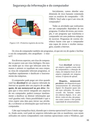 88
Segurança da informação e do computador
Inicialmente, vamos abordar uma
dimensão de risco bastante comentada
entre os usuários de computador – OS
VÍRUS. Você sabe o que é um vírus de
computador?
Todas as atividades que realizamos
em um computador dependem de um
programa. O editor de textos, por exem-
plo, é um programa que transforma o
computador em uma poderosa máquina
de escrever. Programas de correio ele-
trônico fazem com que o computador
seja capaz de enviar e receber mensa-
gens, usando a Internet.
Os vírus de computador também são programas, só que em vez de ajudar e facilitar
o uso do computador, eles atrapalham – e mui-
to!!!
Em diversos aspectos, um vírus de computa-
dor se parece com um vírus biológico. Do mes-
mo modo que os vírus que infectam seres hu-
manos e animais se espalham nos seus corpos,
os vírus de computador infectam programas, se
espalham rapidamente e danificam o funciona-
mento das máquinas.
O computador pode pegar um vírus quando
você faz download de um arquivo infectado da
Internet ou quando abre um arquivo de um dis-
quete, de um memorycard ou pen drive. De-
pois que o vírus estiver integrado aos arquivos
do seu computador, poderá começar imediata-
mente a danificar ou destruir informações que
você guardou nele. Outra possibilidade é que o
vírus espere uma data para iniciar sua ativida-
de, e aí destruir as informações que você tem no
computador.
Cabe aqui tranquiliza-lo(a), dizendo que o sistema operacional Linux é muito segu-
ro. Ainda assim, você pode ter arquivos infectados que irão se manifestar, caso sejam
utilizados em outros computadores com sistemas operacionais como o Windows, que
Figura 2.10 - Primeiros registros da escrita.
Glossário
Fazer download: ou baixar
um arquivo significa numa rede
de computadores a obtenção de
cópia, em máquina local, de um
arquivo originado em máquina
remota. O oposto de upload.
Disquetes, memorycard,
pen drives: são dispositivos para
armazenamento da informação
digital. Os disquetes quase não
são mais utilizados. Os memo-
rycards são bastante usados
em câmeras digitais. Já os pen
drives estão em alta, são peque-
nos como canetas e têm grande
capacidade de armazenamento.
 
