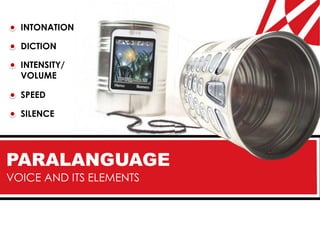 INTONATION

  DICTION

  INTENSITY/
  VOLUME

  SPEED

  SILENCE




PARALANGUAGE
VOICE AND ITS ELEMENTS
 