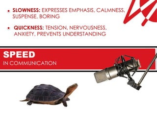 SLOWNESS: EXPRESSES EMPHASIS, CALMNESS,
  SUSPENSE, BORING

   QUICKNESS: TENSION, NERVOUSNESS,
   ANXIETY, PREVENTS UNDERSTANDING



SPEED
IN COMMUNICATION
 