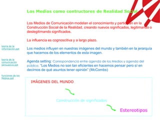 Los Medios como contructores de Realidad Social

                   Los Medios de Comunicación modelan el conocimiento y participan en la
                   Construcción Social de la Realidad, creando nuevos significados, legitimando o
                   deslegitimando significados.

                   La influencia es cognoscitiva y a largo plazo.
teoría de la
información.ppt    Los medios influyen en nuestras imágenes del mundo y también en la jerarquía
                   que hacemos de los elementos de esta imagen.
teoría de la
comunicación       Agenda setting: Correspondencia entre agenda de los Medios y agenda del
persuasiva.ppt     público. “Los Medios no son tan eficientes en hacernos pensar pero sí en
                   decirnos de qué asuntos tener opinión” (McCombs)
funciones de los
Medios.ppt
                     IMÁGENES DEL MUNDO




                                      Construcción de significados

                                                                             Estereotipos
 