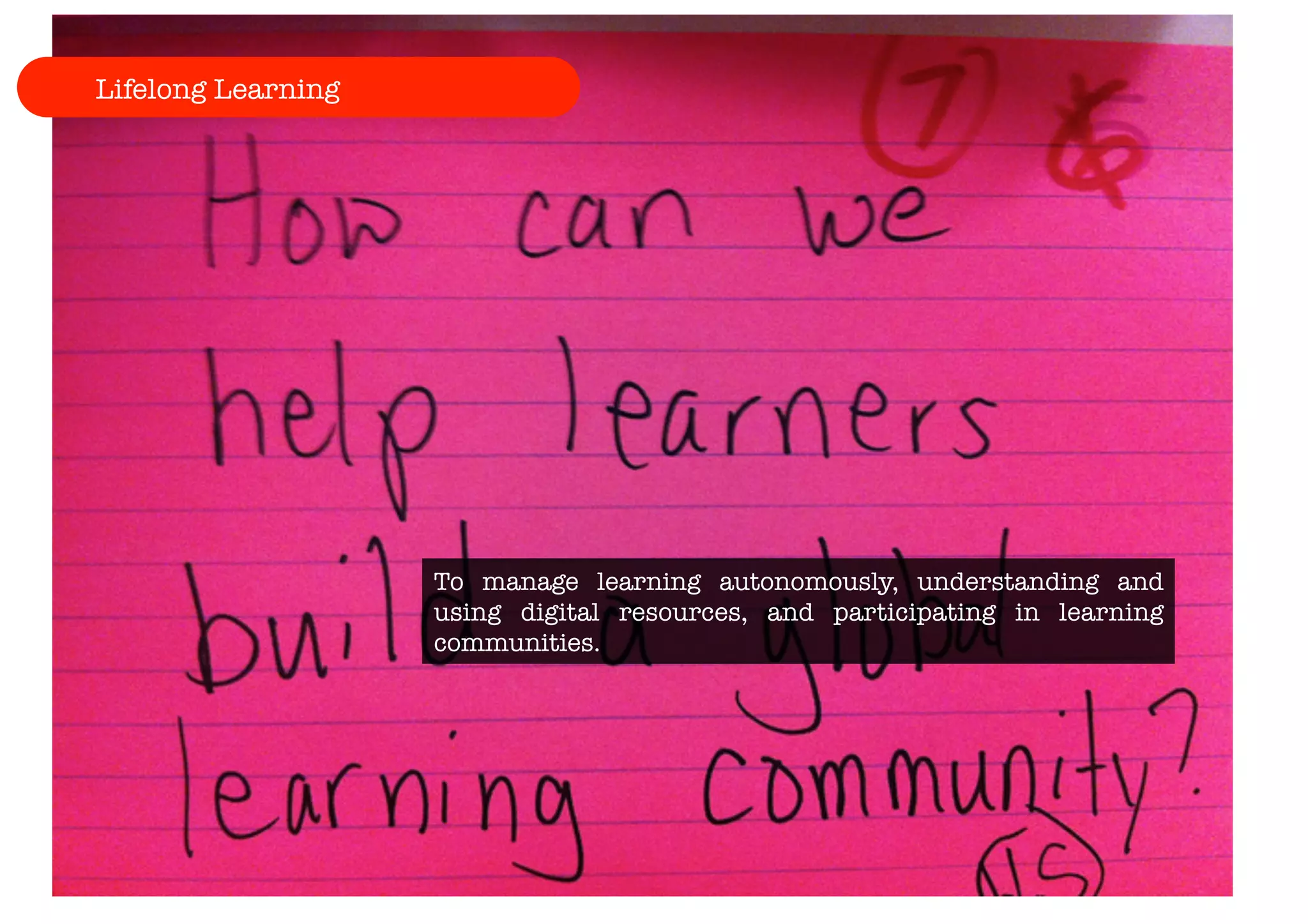 Lifelong Learning 
To manage learning autonomously, understanding and 
using digital resources, and participating in learning 
communities. 
 