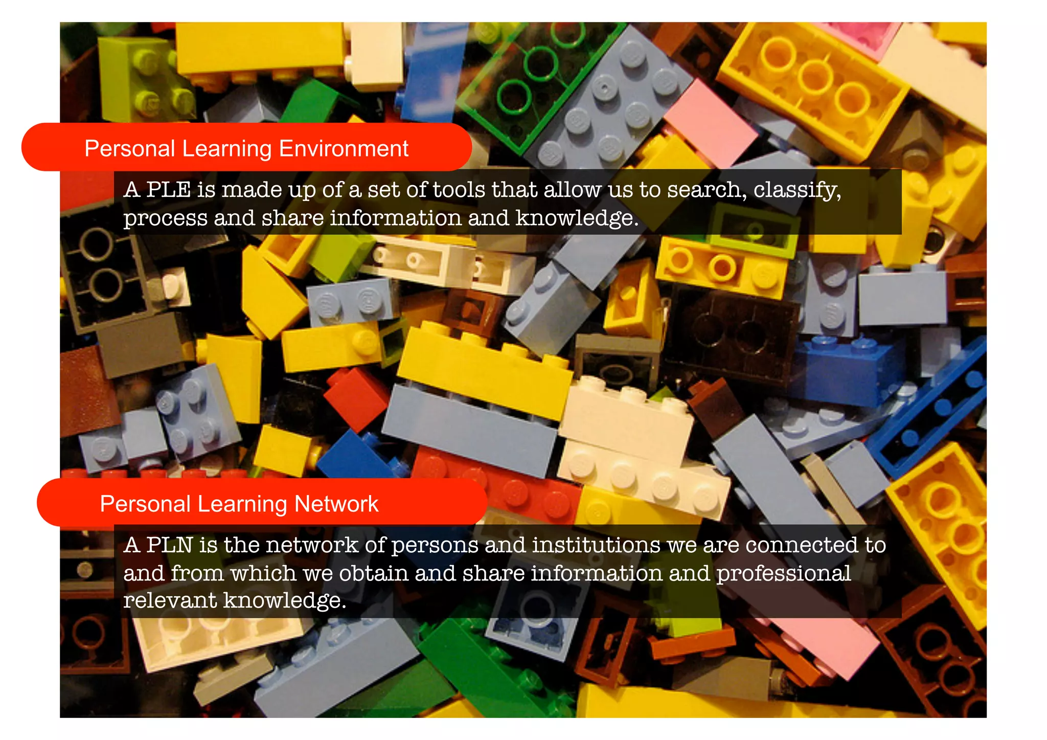 from 
Personal Learning Environment 
A PLE is made up of a set of tools that allow us to search, classify, 
process and share information and knowledge. 
Personal Learning Network 
A PLN is the network of persons and institutions we are connected to 
and from which we obtain and share information and professional 
relevant knowledge. 
 