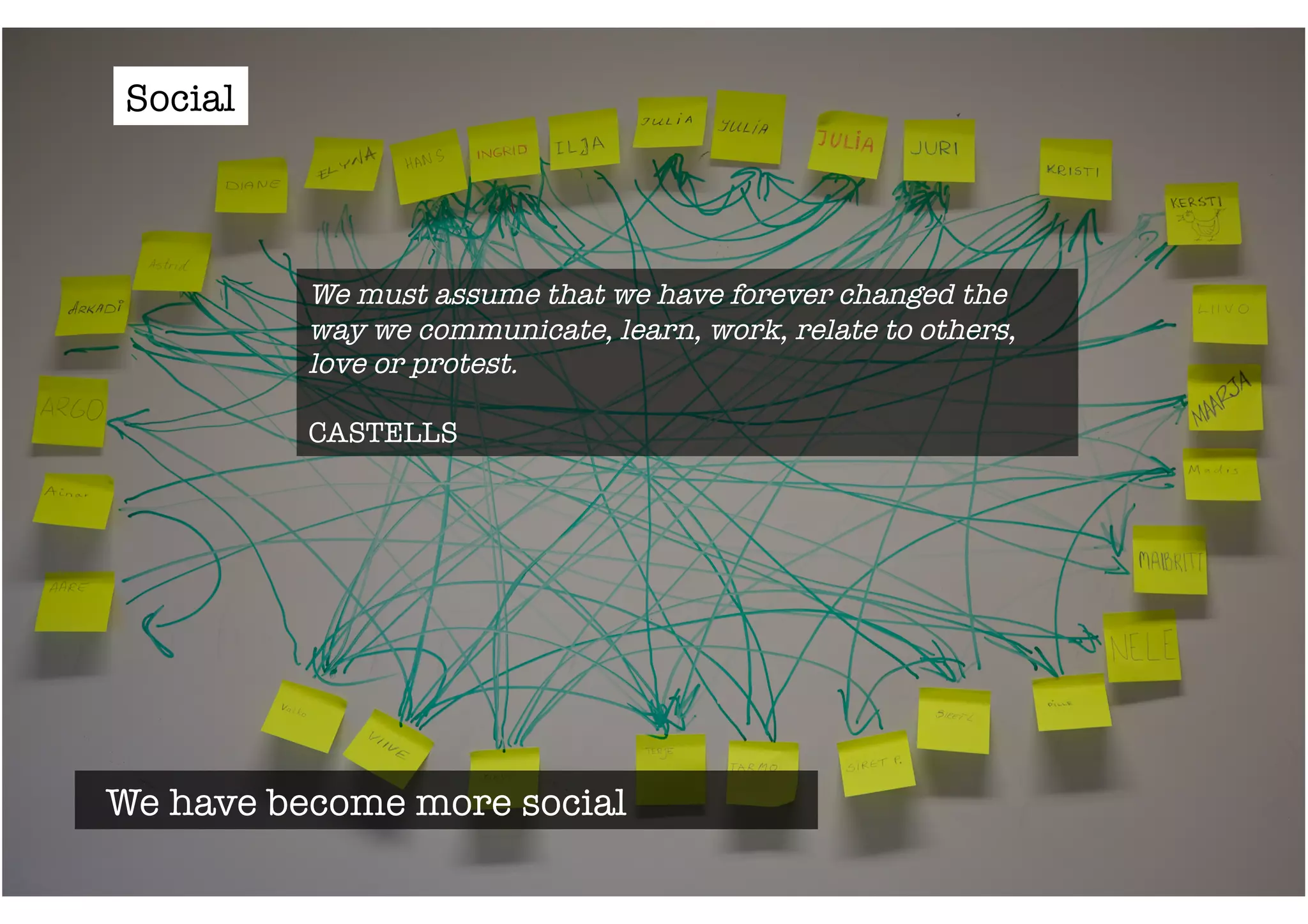 We must assume that we have forever changed the 
way we communicate, learn, work, relate to others, 
love or protest. 
CASTELLS 
Social 
We have become more social 
 