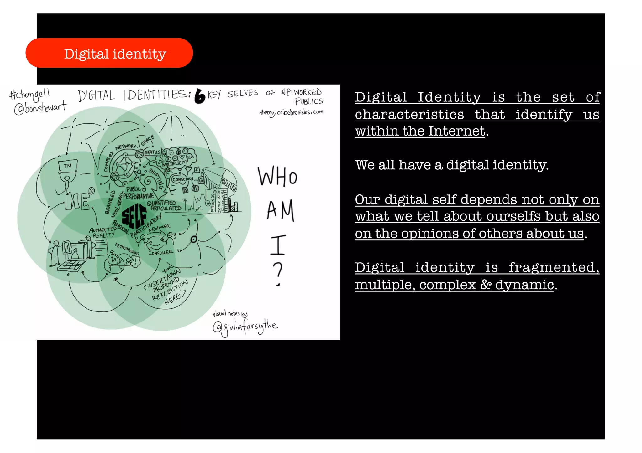 Digital Identity is the set of 
characteristics that identify us 
within the Internet. 
We all have a digital identity. 
Our digital self depends not only on 
what we tell about ourselfs but also 
on the opinions of others about us. 
Digital identity is fragmented, 
multiple, complex & dynamic. 
Digital identity 
 