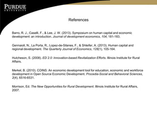 References
Barro, R. J., Caselli, F., & Lee, J. W. (2013). Symposium on human capital and economic
development: an introduction. Journal of development economics, 104, 181-183.
Gennaioli, N., La Porta, R., Lopez-de-Silanes, F., & Shleifer, A. (2013). Human capital and
regional development. The Quarterly Journal of Economics, 128(1), 105-164.
Hutcheson, S. (2008). ED 2.0: Innovation-based Revitalization Efforts. Illinois Institute for Rural
Affairs.
Merkel, B. (2010). COINS: An economic development tool for education, economic and workforce
development in Open Source Economic Development. Procedia-Social and Behavioral Sciences,
2(4), 6516-6531.
Morrison, Ed. The New Opportunities for Rural Development. Illinois Institute for Rural Affairs,
2007.
 