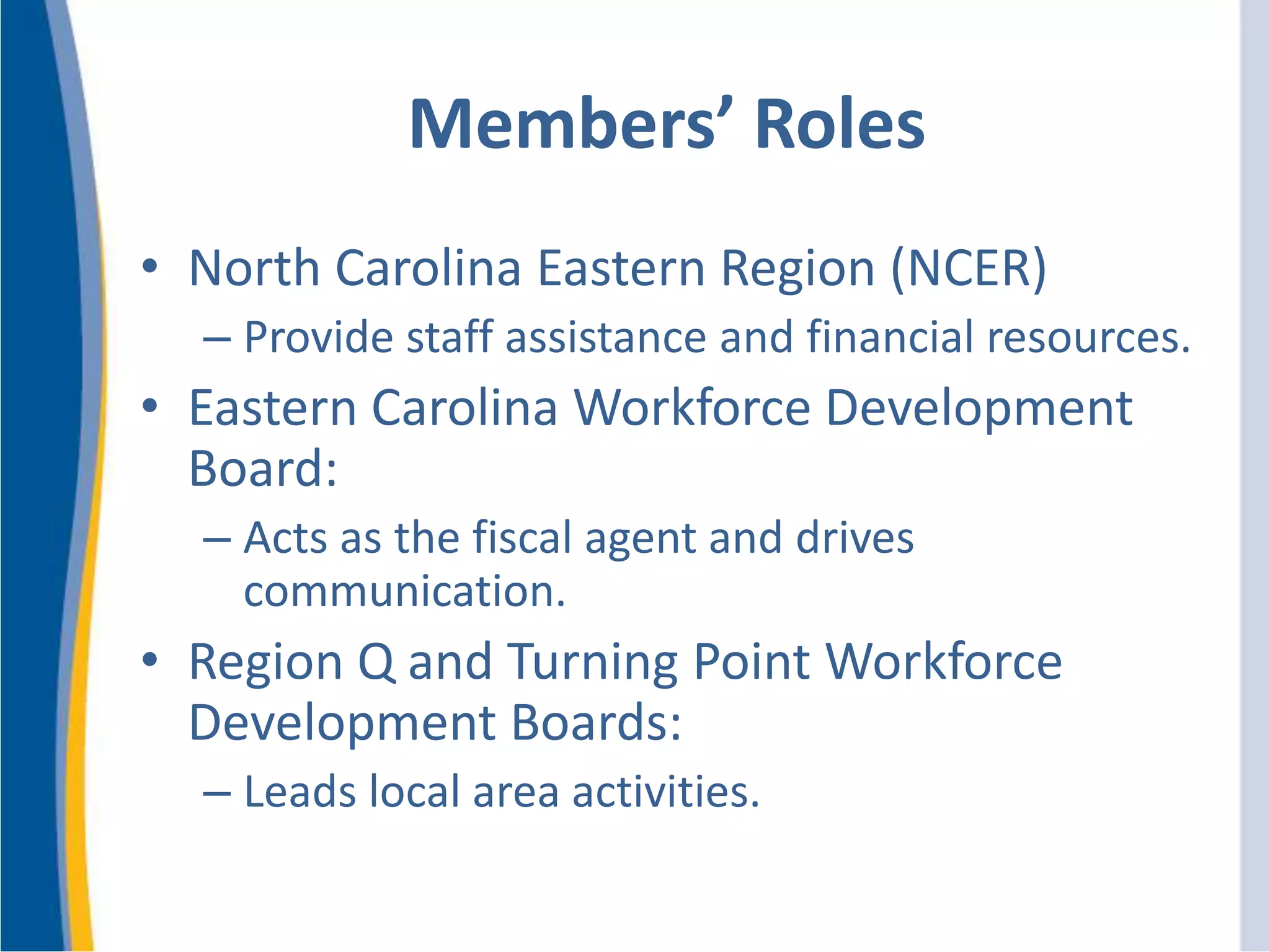 Members’ Roles
• North Carolina Eastern Region (NCER)
– Provide staff assistance and financial resources.
• Eastern Carolina Workforce Development
Board:
– Acts as the fiscal agent and drives
communication.
• Region Q and Turning Point Workforce
Development Boards:
– Leads local area activities.
 