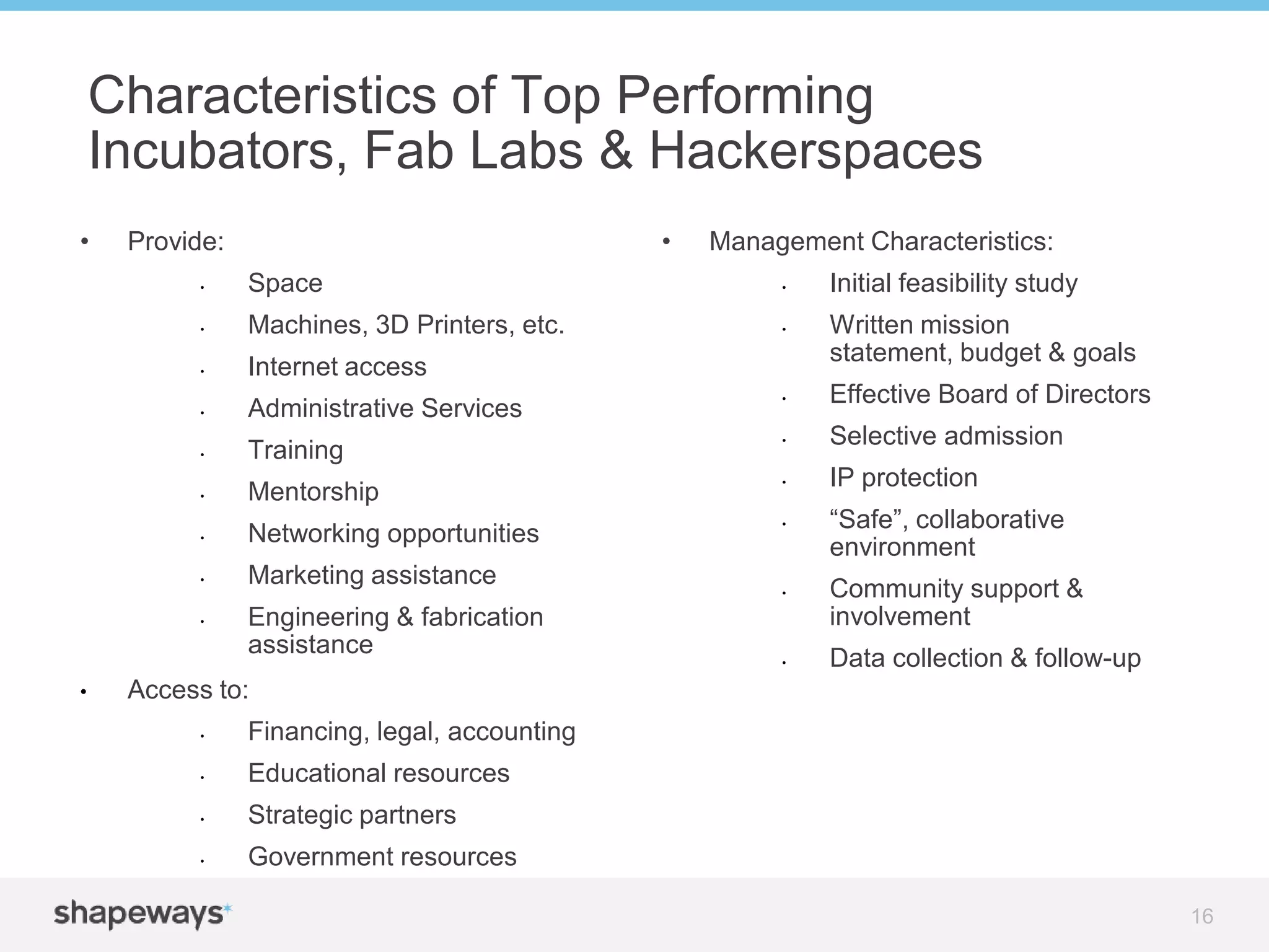 Characteristics of Top Performing
Incubators, Fab Labs & Hackerspaces
• Provide:
• Space
• Machines, 3D Printers, etc.
• Internet access
• Administrative Services
• Training
• Mentorship
• Networking opportunities
• Marketing assistance
• Engineering & fabrication
assistance
• Access to:
• Financing, legal, accounting
• Educational resources
• Strategic partners
• Government resources
• Management Characteristics:
• Initial feasibility study
• Written mission
statement, budget & goals
• Effective Board of Directors
• Selective admission
• IP protection
• “Safe”, collaborative
environment
• Community support &
involvement
• Data collection & follow-up
16
 