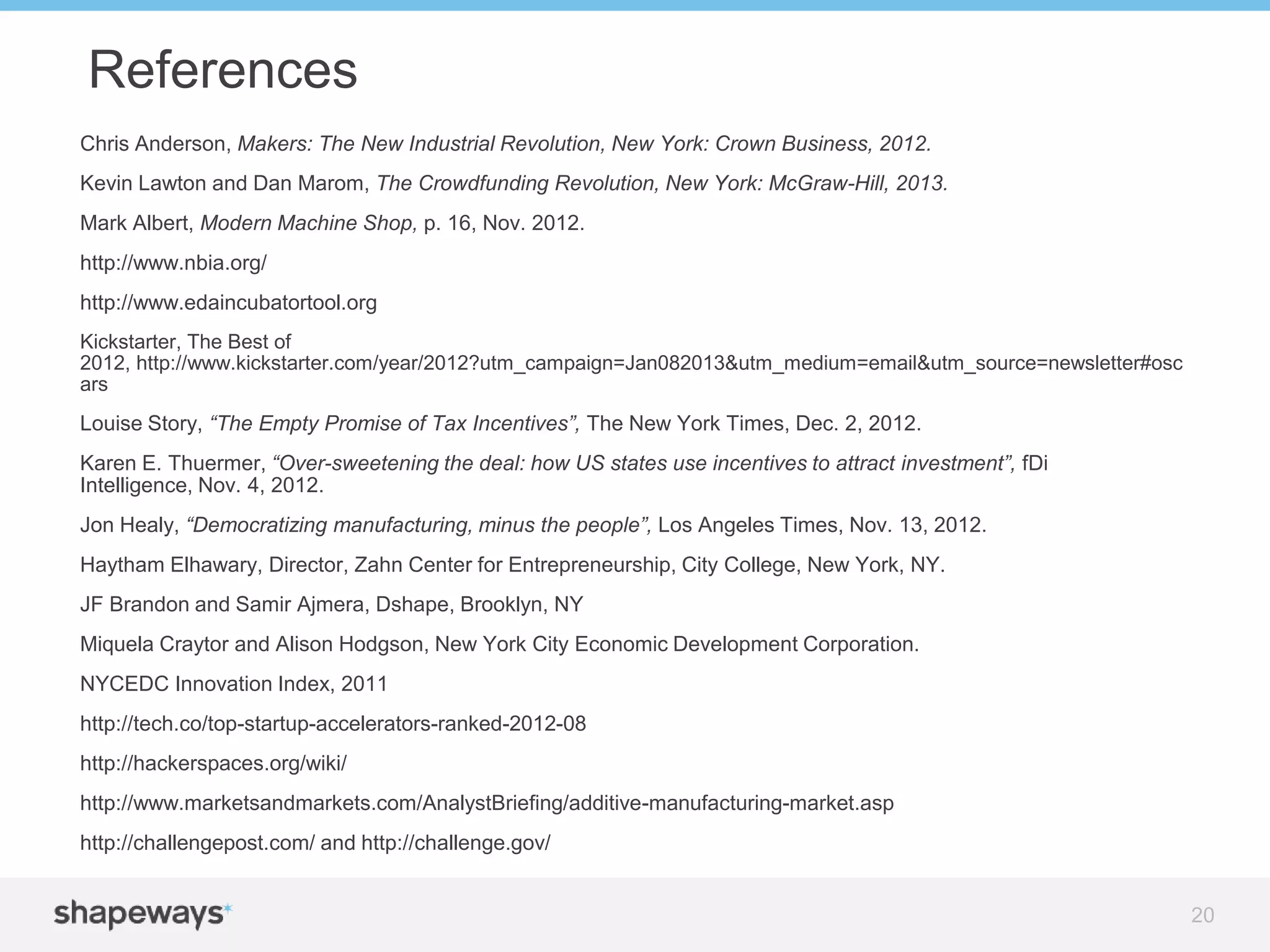 Chris Anderson, Makers: The New Industrial Revolution, New York: Crown Business, 2012.
Kevin Lawton and Dan Marom, The Crowdfunding Revolution, New York: McGraw-Hill, 2013.
Mark Albert, Modern Machine Shop, p. 16, Nov. 2012.
http://www.nbia.org/
http://www.edaincubatortool.org
Kickstarter, The Best of
2012, http://www.kickstarter.com/year/2012?utm_campaign=Jan082013&utm_medium=email&utm_source=newsletter#osc
ars
Louise Story, “The Empty Promise of Tax Incentives”, The New York Times, Dec. 2, 2012.
Karen E. Thuermer, “Over-sweetening the deal: how US states use incentives to attract investment”, fDi
Intelligence, Nov. 4, 2012.
Jon Healy, “Democratizing manufacturing, minus the people”, Los Angeles Times, Nov. 13, 2012.
Haytham Elhawary, Director, Zahn Center for Entrepreneurship, City College, New York, NY.
JF Brandon and Samir Ajmera, Dshape, Brooklyn, NY
Miquela Craytor and Alison Hodgson, New York City Economic Development Corporation.
NYCEDC Innovation Index, 2011
http://tech.co/top-startup-accelerators-ranked-2012-08
http://hackerspaces.org/wiki/
http://www.marketsandmarkets.com/AnalystBriefing/additive-manufacturing-market.asp
http://challengepost.com/ and http://challenge.gov/
References
20
 