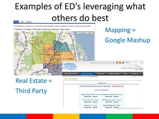Examples of ED’s leveraging what
        others do best
                      Mapping =
                      Google Mashup




Real Estate =
Third Party
 