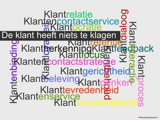 Klant beleving Klant enservice Klant tevredenheid Klant gerichtheid Klant focus Klant proces Klant vriendelijkheid Klant enbinding Klant behoud Klanten contactservice Klanten contactstrategie Klant dialoog Klant denken Klant feedback Klant herkenning Klant interactie Klant loyaliteit Klant ocratie Klant relatie Klant retentie De klant heeft niets te klagen ©  bewegingindezaak.nl 