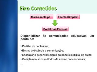 Eixo Conteúdos Disponibilizar às comunidades educativas um ponto de: Partilha de conteúdos; Ensino à distância e comunicação; Encorajar o desenvolvimento do portefólio digital do aluno; Complementar os métodos de ensino convencionais; … Mais-escola.pt Escola Simplex Portal das Escolas 