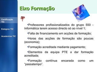 Eixo Formação Professores profissionalizados do grupo 550 - Informática terem acesso directo só ao nível 1; Falta de financiamento em acções de formação; Horas das acções de formação são poucas (economia); Formação acreditada mediante pagamento; Elementos da equipa PTE a dar formação acreditada; Formação contínua encarada como um “passatempo”. Certificação TIC Estágios TIC Academias TIC 