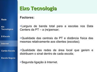 Eixo Tecnologia Factores: Largura de banda total para a escolas nos Data Centers da PT – a (re)pensar; Qualidade das centrais da PT e distância física das mesmas relativamente aos clientes (escolas); Qualidade das redes de área local que gerem e distribuem o sinal dentro de cada escola; Segunda ligação à Internet. Rede Kit-Tecnológico E-Escola Internet Cartão Escola Escola Segura 