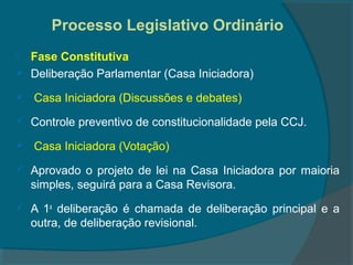 Processo Legislativo Ordinário
   Fase Constitutiva
   Deliberação Parlamentar (Casa Iniciadora)
   Casa Iniciadora (Discussões e debates)
   Controle preventivo de constitucionalidade pela CCJ.
   Casa Iniciadora (Votação)
   Aprovado o projeto de lei na Casa Iniciadora por maioria
    simples, seguirá para a Casa Revisora.
   A 1a deliberação é chamada de deliberação principal e a
    outra, de deliberação revisional.
 