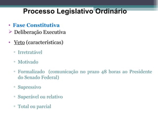 Processo Legislativo Ordinário
• Fase Constitutiva
 Deliberação Executiva
• Veto (características)
  ▫ Irretratável

  ▫ Motivado

  ▫ Formalizado (comunicação no prazo 48 horas ao Presidente
    do Senado Federal)
  ▫ Supressivo

  ▫ Superável ou relativo

  ▫ Total ou parcial
 
