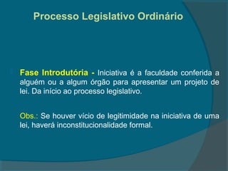 Processo Legislativo Ordinário




   Fase Introdutória - Iniciativa é a faculdade conferida a
    alguém ou a algum órgão para apresentar um projeto de
    lei. Da início ao processo legislativo.


    Obs.: Se houver vício de legitimidade na iniciativa de uma
    lei, haverá inconstitucionalidade formal.
 