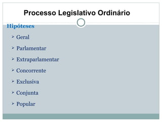 Processo Legislativo Ordinário
Hipóteses
    Geral
    Parlamentar
    Extraparlamentar
    Concorrente
    Exclusiva
    Conjunta
    Popular
 