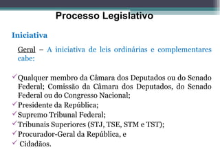 Processo Legislativo
Iniciativa
 Geral – A iniciativa de leis ordinárias e complementares
 cabe:

Qualquer membro da Câmara dos Deputados ou do Senado
 Federal; Comissão da Câmara dos Deputados, do Senado
 Federal ou do Congresso Nacional;
Presidente da República;
Supremo Tribunal Federal;
Tribunais Superiores (STJ, TSE, STM e TST);
Procurador-Geral da República, e
 Cidadãos.
 