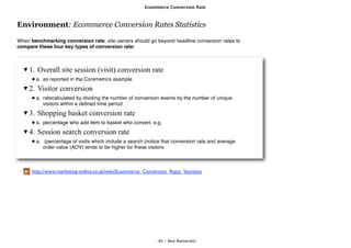 Ecommerce Conversion Rate



Environment: Ecommerce Conversion Rates Statistics

When benchmarking conversion rate, site owners should go beyond headline conversion rates to
compare these four key types of conversion rate:



    1. Overall site session (visit) conversion rate
       a. as reported in the Coremetrics example

    2. Visitor conversion
       a. ratecalculated by dividing the number of conversion events by the number of unique
          visitors within a deﬁned time period.

    3. Shopping basket conversion rate
       a. percentage who add item to basket who convert, e.g.

    4. Session search conversion rate
       a. (percentage of visits which include a search (notice that conversion rate and average
          order value (AOV) tends to be higher for these visitors



      http://www.marketing-online.co.uk/wiki/Ecommerce_Conversion_Rates_Statistics




                                                             - 85 - Max Ramaciotti
 