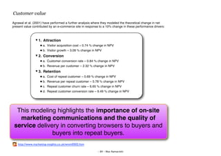 Customer value
Agrawal et al. (2001) have performed a further analysis where they modeled the theoretical change in net
present value contributed by an e-commerce site in response to a 10% change in these performance drivers:



                  1. Attraction
                     a. Visitor acquisition cost – 0.74 % change in NPV
                     b. Visitor growth – 3.09 % change in NPV
                  2. Conversion
                     a. Customer conversion rate – 0.84 % change in NPV
                     b. Revenue per customer – 2.32 % change in NPV
                  3. Retention
                     a. Cost of repeat customer – 0.69 % change in NPV
                     b. Revenue per repeat customer – 5.78 % change in NPV
                     c. Repeat customer churn rate – 6.65 % change in NPV
                     d. Repeat customer conversion rate – 9.49 % change in NPV




  This modeling highlights the importance of on-site
   marketing communications and the quality of
 service delivery in converting browsers to buyers and
               buyers into repeat buyers.
   http://www.marketing-insights.co.uk/wnim0502.htm

                                                           - 89 - Max Ramaciotti
 