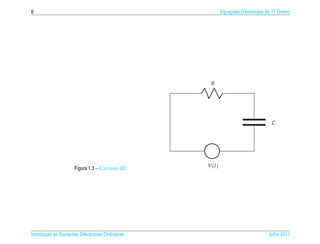 6                                                         Equacoes Diferenciais de 1a Ordem
                                                              ¸˜                    .




                                                   R




                                                                                  C




                     Figura 1.3 – Circuito RC     V (t)




       ¸˜ `       ¸˜
Introducao as Equacoes Diferenciais Ordin´ rias
                                         a                                      Julho 2011
 