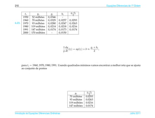210                                                                                   Equacoes Diferenciais de 1a Ordem
                                                                                          ¸˜                    .


                                                        gi + h i
          ti          yi             gi         hi         2
         1950            ˜
                  52 milhoes      0, 0346        -
         1960            ˜
                  70 milhoes      0, 0329    0, 0257   0, 0293
6.13.    1970            ˜
                  93 milhoes      0, 0280    0, 0247   0, 0263
         1980             ˜
                 119 milhoes      0, 0214    0, 0218   0, 0216
         1991             ˜
                 147 milhoes      0, 0174    0, 0173   0, 0174
         2000             ˜
                 170 milhoes          -      0, 0150




                                                  1 dy                     g + hi
                                                       (t ) = ay(ti ) + b ≈ i     ,
                                                  y dt i                      2




        para ti = 1960, 1970, 1980, 1991. Usando quadrados m´nimos vamos encontrar a melhor reta que se ajusta
                                                            ı
        ao conjunto de pontos




                                                                       gi + h i
                                                            yi            2
                                                               ˜
                                                        70 milhoes    0.0293
                                                               ˜
                                                        93 milhoes    0.0263
                                                                ˜
                                                       119 milhoes    0.0216
                                                                ˜
                                                       147 milhoes    0.0174

       ¸˜ `       ¸˜
Introducao as Equacoes Diferenciais Ordin´ rias
                                         a                                                                  Julho 2011
 