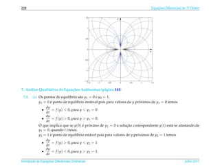228                                                                                   Equacoes Diferenciais de 1a Ordem
                                                                                          ¸˜                    .


                                                  1.5
                                                                    y


                                                   1




                                                  0.5




                                                   0
                                                                                      x


                                              −0.5




                                                  −1




                                              −1.5
                                                −1.5    −1   −0.5       0   0.5   1   1.5



7. An´ lise Qualitativa de Equa¸ oes Autonomas (p´ gina 141)
     a                         c˜       ˆ        a
 7.1.   (a) Os pontos de equil´brio s˜ o y1 = 0 e y2 = 1.
                               ı      a
            y1 = 0 e ponto de equil´brio inst´ vel pois para valores de y proximos de y1 = 0 temos
                   ´                ı        a                               ´
                dy
              •     = f (y) < 0, para y < y1 = 0
                dt
                dy
              •     = f (y) > 0, para y > y1 = 0.
                dt
            O que implica que se y(0) e proximo de y1 = 0 a solucao correspondente y(t) est´ se afastando de
                                        ´ ´                         ¸˜                         a
            y1 = 0, quando t cresce.
            y2 = 1 e ponto de equil´brio est´ vel pois para valores de y proximos de y2 = 1 temos
                   ´                ı       a                              ´
                dy
              •     = f (y) > 0, para y < y2 = 1
                dt
                dy
              •     = f (y) < 0, para y > y2 = 1.
                dt

       ¸˜ `       ¸˜
Introducao as Equacoes Diferenciais Ordin´ rias
                                         a                                                                  Julho 2011
 
