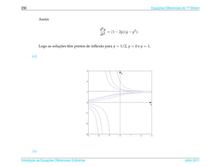 230                                                                                          Equacoes Diferenciais de 1a Ordem
                                                                                                 ¸˜                    .



              Assim

                                                             d2 y
                                                                  = (1 − 2y)(y − y2 ).
                                                             dt2


              Logo as solucoes tˆ m pontos de inﬂex˜ o para y = 1/2, y = 0 e y = 1.
                          ¸˜    e                  a

       (d)


                                                   3
                                                                             y


                                                   2




                                                   1




                                                   0
                                                                                             t


                                                  −1




                                                  −2




                                                  −3
                                                   −3   −2        −1     0       1       2   3




        (e)

       ¸˜ `       ¸˜
Introducao as Equacoes Diferenciais Ordin´ rias
                                         a                                                                         Julho 2011
 