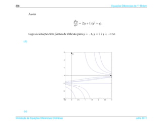 236                                                                                               Equacoes Diferenciais de 1a Ordem
                                                                                                      ¸˜                    .



              Assim

                                                                 d2 y
                                                                      = (2y + 1)(y2 + y).
                                                                 dt2


              Logo as solucoes tˆ m pontos de inﬂex˜ o para y = −1, y = 0 e y = −1/2.
                          ¸˜    e                  a

       (d)


                                                   3
                                                             y


                                                   2




                                                   1




                                                   0
                                                                                                  t


                                                  −1




                                                  −2




                                                  −3
                                                  −0.5   0          0.5   1    1.5   2      2.5   3




        (e)

       ¸˜ `       ¸˜
Introducao as Equacoes Diferenciais Ordin´ rias
                                         a                                                                              Julho 2011
 