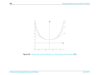 346                                                                                     Equacoes Diferenciais Lineares de 2a Ordem
                                                                                            ¸˜                             .




                                        7                                                    N=8
                                                                    y
                                                                                             N=6
                                        6


                                        5                                                    N=4


                                        4


                                        3                                                    N=2


                                        2


                                        1


                                        0
                                                                                         t
                                       −1


                                       −2
                                        −2   −1.5   −1   −0.5   0       0.5   1   1.5    2




                      Figura 2.30 – Somas parciais da solucao y1 ( x ) da equacao do Exemplo 2.22
                                                          ¸˜                  ¸˜




       ¸˜ `       ¸˜
Introducao as Equacoes Diferenciais Ordin´ rias
                                         a                                                                             Julho 2011
 