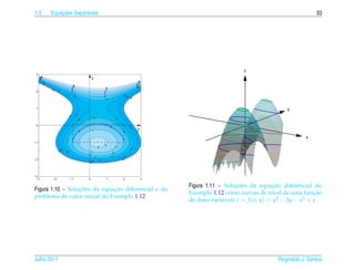 1.3             ¸˜
            Equacoes Separ´ veis
                          a                                                                                                                   33




                                                                                                                z
 3
     24
     13                                      y
     0
      −1
       −2                                                                            4
                                                                                     3
                                4                                                  2
                                                                                   1
            −4 −              23                        4                          01
                                                                                   −
                              1                         3
 2               3            0                       2
                               −1                     1
                               −2                     0               −2 3
                                                                        − −4
                                                       −1


 1                                                                                                                               y
                               −3
                         −4




                                             −1                 −2
                                    −2
 0                                                          0               −3
                                             1                        −1           x
                                                                                  −4
                                     0

                                                                                                                                          x
                        −1




−1
                                                      2
                                                  2               1
                   −3




                  −4    −2                   1                               −2
                                                              0
                                         0
                                            −1              −1         −3
−2                                             −2                     −4
                                          −3
                                         −4



−3
 −3          −2              −1          0             1              2                3

                                                                                                              ¸˜              ¸˜
                                                                                           Figura 1.11 – Solucoes da equacao diferencial do
                  ¸˜          ¸˜
Figura 1.10 – Solucoes da equacao diferencial e do
                                                                                           Exemplo 1.12 como curvas de n´vel de uma funcao
                                                                                                                             ı               ¸˜
problema de valor inicial do Exemplo 1.12
                                                                                           de duas vari´ veis z = f ( x, y) = y3 − 3y − x2 + x
                                                                                                        a




Julho 2011                                                                                                                    Reginaldo J. Santos
 