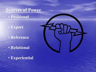 Sources of Power
• Positional
• Expert
• Reference
• Relational
• Experiential
 
