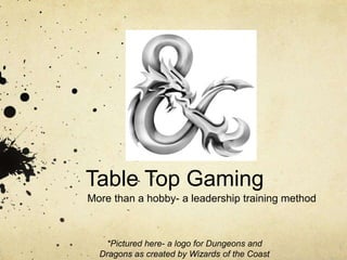 Table Top Gaming
More than a hobby- a leadership training method
*Pictured here- a logo for Dungeons and
Dragons as created by Wizards of the Coast
 