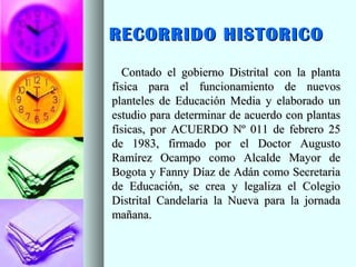 RECORRIDO HISTORICORECORRIDO HISTORICO
Contado el gobierno Distrital con la plantaContado el gobierno Distrital con la planta
física para el funcionamiento de nuevosfísica para el funcionamiento de nuevos
planteles de Educación Media y elaborado unplanteles de Educación Media y elaborado un
estudio para determinar de acuerdo con plantasestudio para determinar de acuerdo con plantas
físicas, por ACUERDO Nº 011 de febrero 25físicas, por ACUERDO Nº 011 de febrero 25
de 1983, firmado por el Doctor Augustode 1983, firmado por el Doctor Augusto
Ramírez Ocampo como Alcalde Mayor deRamírez Ocampo como Alcalde Mayor de
Bogota y Fanny Díaz de Adán como SecretariaBogota y Fanny Díaz de Adán como Secretaria
de Educación, se crea y legaliza el Colegiode Educación, se crea y legaliza el Colegio
Distrital Candelaria la Nueva para la jornadaDistrital Candelaria la Nueva para la jornada
mañana.mañana.
 