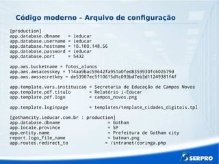 Código moderno – Arquivo de coniguração
[production]
app.database.dbname = ieducar
app.database.username = ieducar
app.database.hostname = 10.100.148.56
app.database.password = ieducar
app.database.port = 5432
app.aws.bucketname = fotos_alunos
app.aws.awsacesskey = 114aa9bac59642fa951a0fed8359930fc602679d
app.aws.awssecretkey = de53907ec5f10615d1c093bd7eb3d11249381f4f
app.template.vars.instituicao = Secretaria de Educação de Campos Novos
app.template.pdf.titulo = Relatório i-Educar
app.template.pdf.logo = campos_novos.png
app.template.loginpage = templates/template_cidades_digitais.tpl
[gothamcity.ieducar.com.br : production]
app.database.dbname = Gotham
app.locale.province = SP
app.entity.name = Prefeitura de Gotham city
report.logo_file_name = batman.png
app.routes.redirect_to = /intranet/coringa.php
 