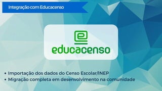 IntegraçãocomEducacenso
Importação dos dados do Censo Escolar/INEP
Migração completa em desenvolvimento na comunidade
 