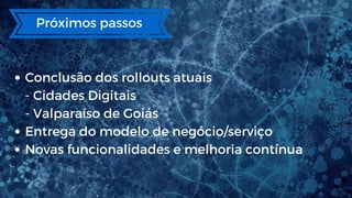 Próximos passos
Conclusão dos rollouts atuais
- Cidades Digitais
- Valparaíso de Goiás
Entrega do modelo de negócio/serviço
Novas funcionalidades e melhoria contínua
 