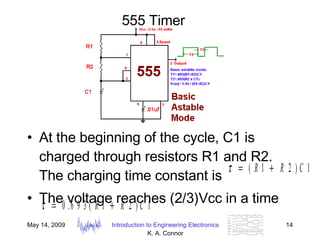 555 Timer   At the beginning of the cycle, C1 is charged through resistors R1 and R2. The charging time constant is The voltage reaches (2/3)Vcc in a time  