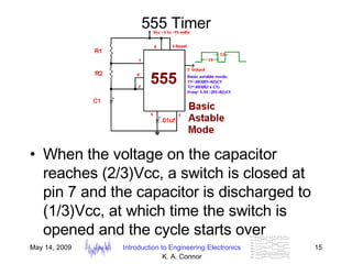 555 Timer When the voltage on the capacitor reaches (2/3)Vcc, a switch is closed at pin 7 and the capacitor is discharged to (1/3)Vcc, at which time the switch is opened and the cycle starts over 