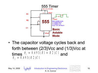 555 Timer The capacitor voltage cycles back and forth between (2/3)Vcc and (1/3)Vcc at times  and  