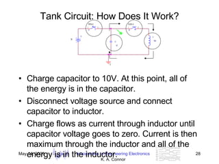 Tank Circuit: How Does It Work? Charge capacitor to 10V. At this point, all of the energy is in the capacitor. Disconnect voltage source and connect capacitor to inductor. Charge flows as current through inductor until capacitor voltage goes to zero. Current is then maximum through the inductor and all of the energy is in the inductor. 