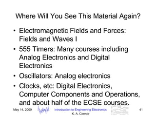 Where Will You See This Material Again? Electromagnetic Fields and Forces: Fields and Waves I 555 Timers: Many courses including Analog Electronics and Digital Electronics Oscillators: Analog electronics Clocks, etc: Digital Electronics, Computer Components and Operations, and about half of the ECSE courses. 