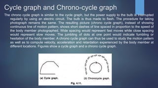 Cycle graph and Chrono-cycle graph
The chrono cycle graph is similar to the cycle graph, but the power supply to the bulb is interrupted
regularly by using an electric circuit. The bulb is thus made to flash. The procedure for taking
photograph remains the same. The resulting picture (chrono cycle graph), instead of showing
continuous line of motion pattern, shows short dashes of line spaced in proportion to the speed of
the body member photographed. Wide spacing would represent fast moves while close spacing
would represent slow moves. The jumbling of dots at one point would indicate fumbling or
hesitation of the body member. A chrono cycle graph can thus be used to study the motion pattern
as well as to compute velocity, acceleration and retardation experienced by the body member at
different locations. Figures show a cycle graph and a chrono cycle graph.
 