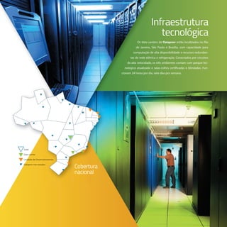 Os data centers da Dataprev estão localizados no Rio
de Janeiro, São Paulo e Brasília, com capacidade para
computação de alta disponibilidade e recursos redundan-
tes de rede elétrica e refrigeração. Conectados por circuitos
de alta velocidade, os três ambientes contam com parque tec-
nológico atualizado e salas-cofres certificadas e blindadas. Fun-
cionam 24 horas por dia, sete dias por semana.
Infraestrutura
tecnológica
Os data centers da
de Janeiro, São Paulo e Brasília, com capacidade para
computação de alta disponibilidade e recursos redundan-
tes de rede elétrica e refrigeração. Conectados por circuitos
de alta velocidade, os três ambientes contam com parque tec-
nológico atualizado e salas-cofres certificadas e blindadas. Fun-
cionam 24 horas por dia, sete dias por semana.
Infraestrutura
Cobertura
nacional
Cobertura
nacional
Sede
Data centerData center
Unidade de DesenvolvimentoUnidade de Desenvolvimento
Dataprev nos estadosDataprev nos estados
 