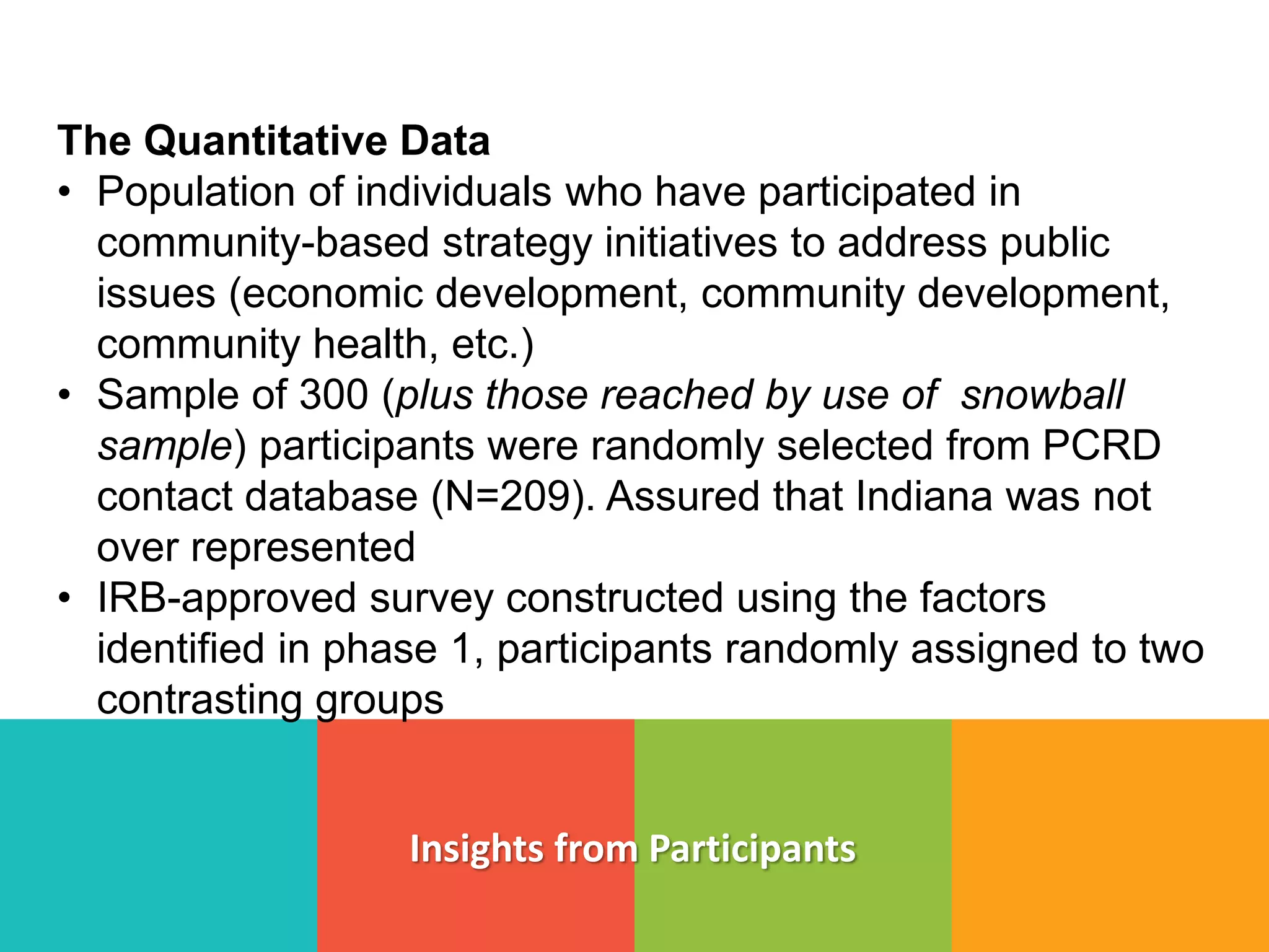 Insights from Participants
The Quantitative Data
• Population of individuals who have participated in
community-based strategy initiatives to address public
issues (economic development, community development,
community health, etc.)
• Sample of 300 (plus those reached by use of snowball
sample) participants were randomly selected from PCRD
contact database (N=209). Assured that Indiana was not
over represented
• IRB-approved survey constructed using the factors
identified in phase 1, participants randomly assigned to two
contrasting groups
 