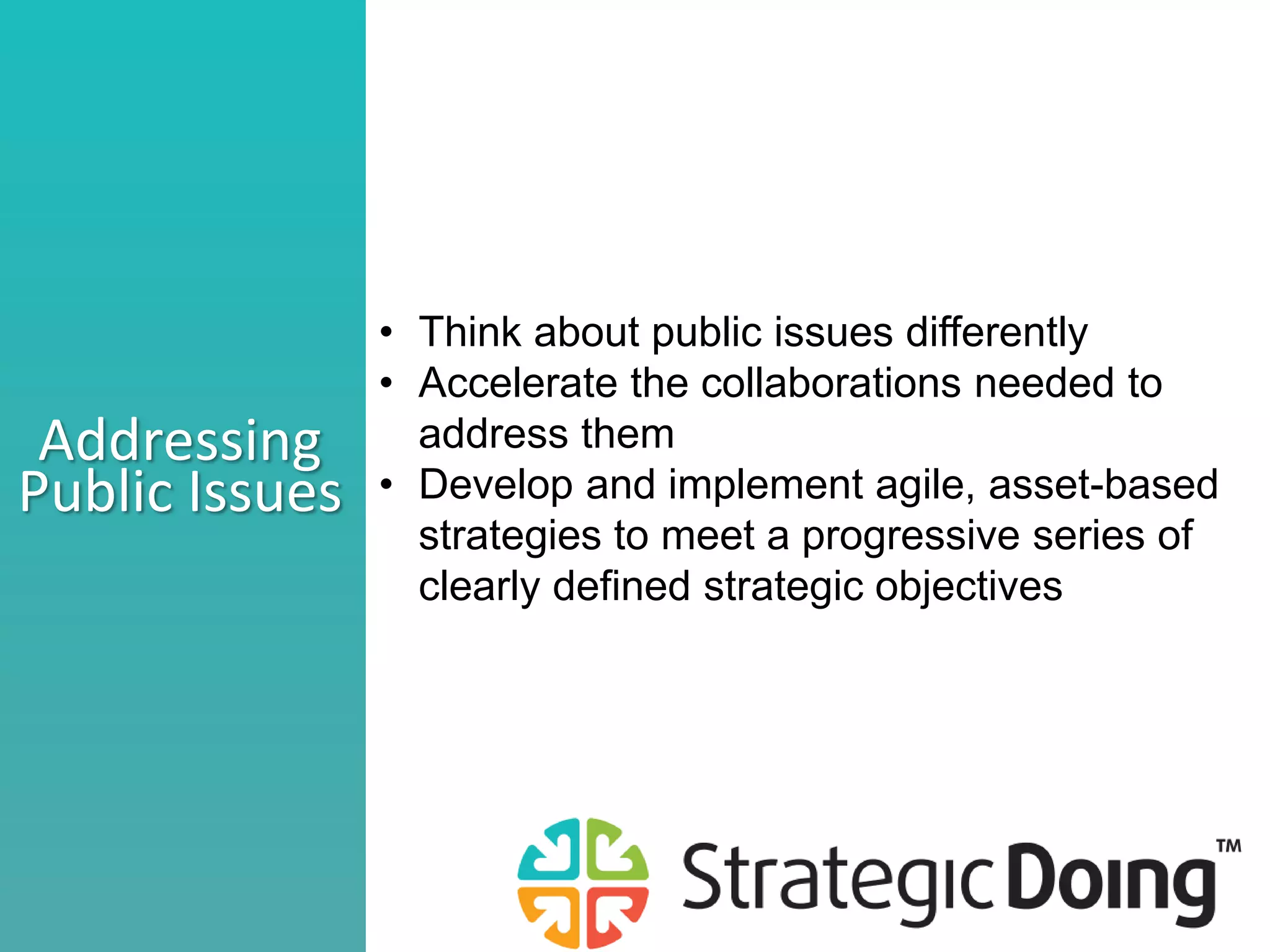 • Think about public issues differently
• Accelerate the collaborations needed to
address them
• Develop and implement agile, asset-based
strategies to meet a progressive series of
clearly defined strategic objectives
Addressing
Public Issues
 