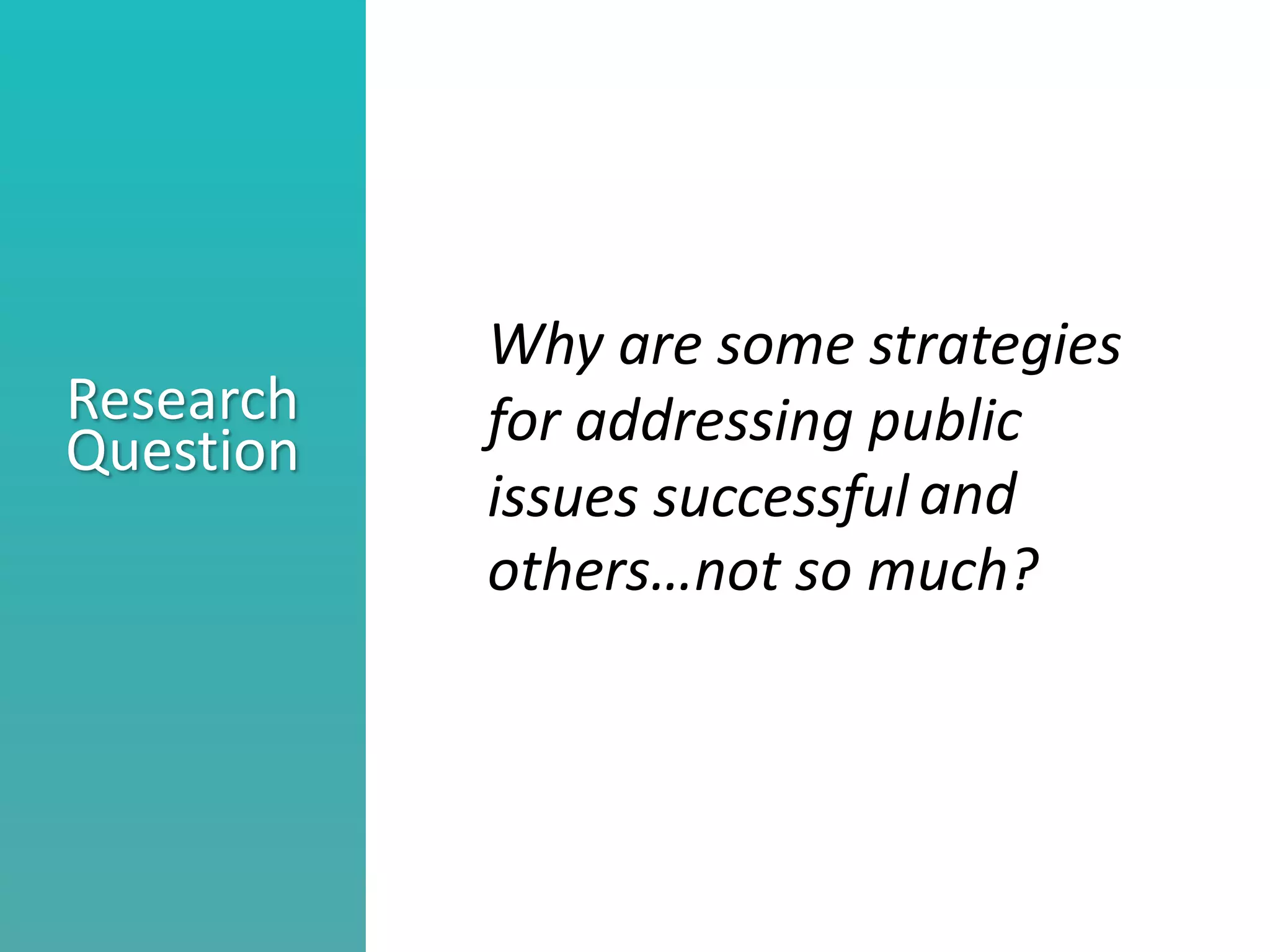 Better understand he nature of collaboration
Identify what stage your collaborations are in
Consider ways to move a collaborations to the next level
Research
Question
Why are some strategies
for addressing public
issues successful and
others…not so much?
 